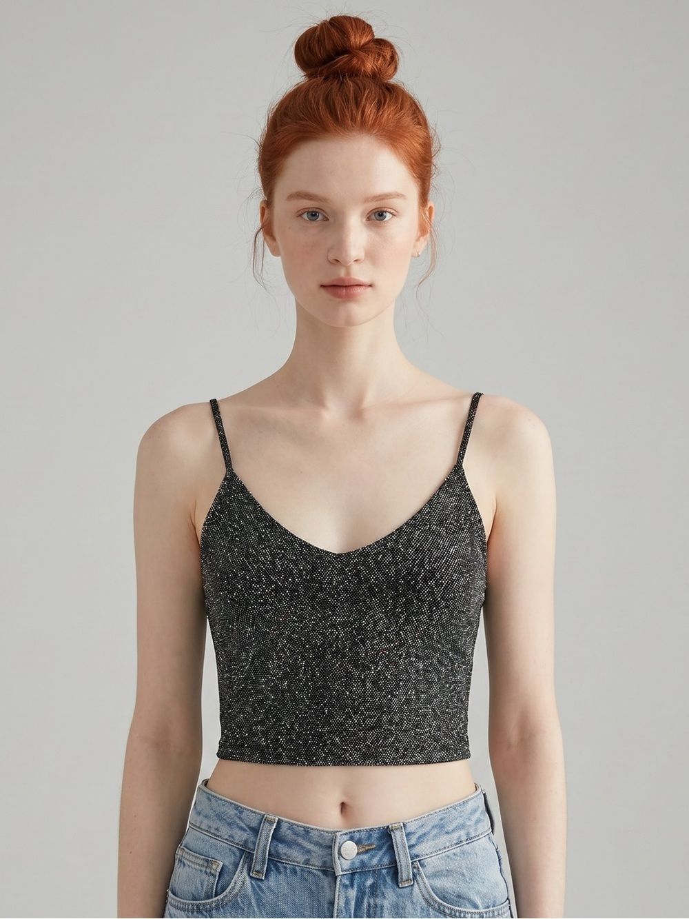 Vintage Y2K Metallic Black Sparkle Cropped Cami Top. Rave. Nightclub. Disco.